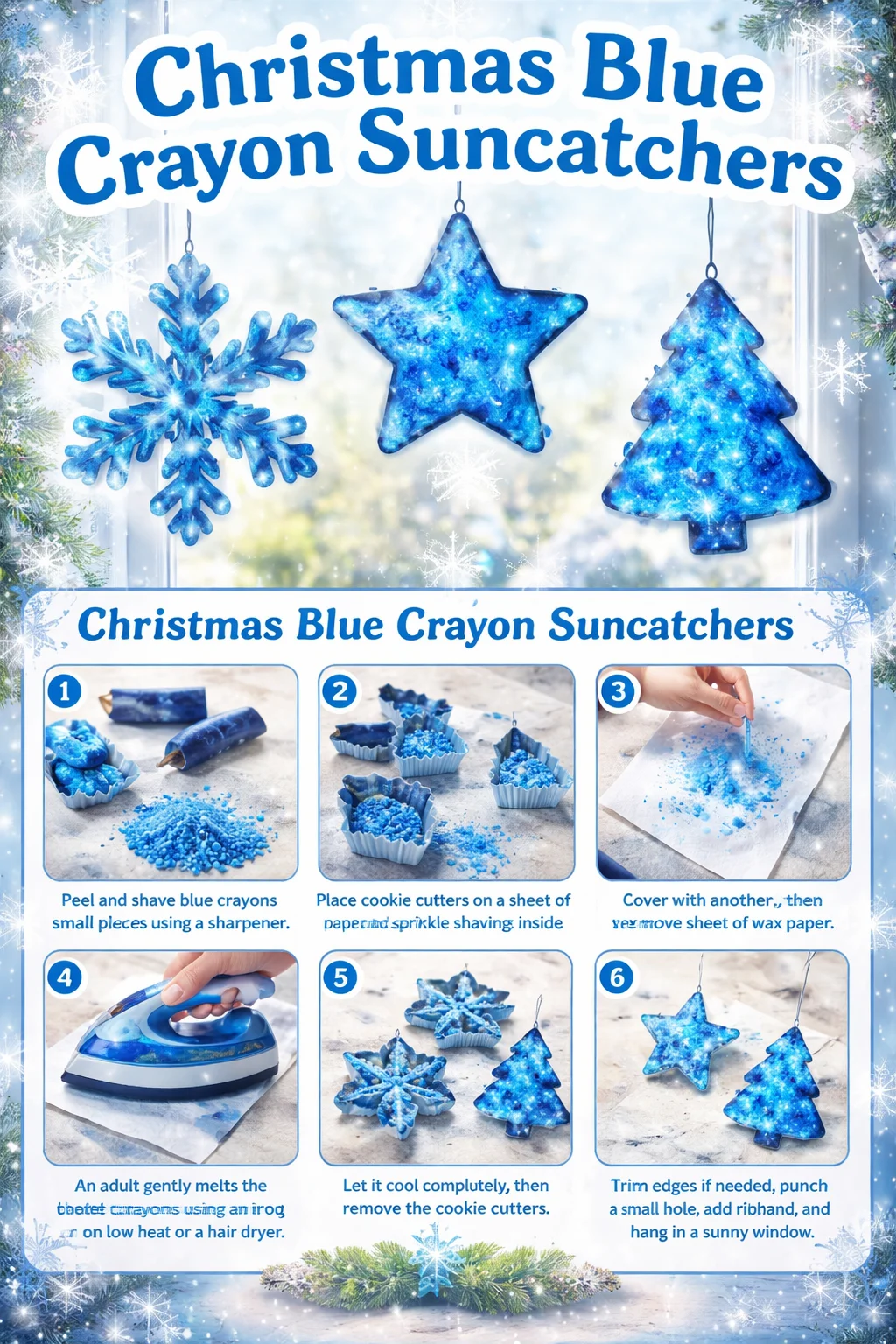 Handmade Christmas blue crayon suncatchers hanging in a window.