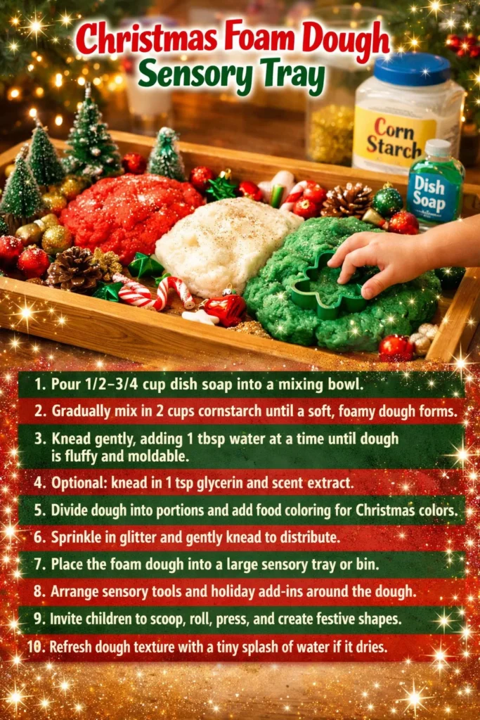 Christmas Foam Dough Sensory Tray with colorful materials for sensory play
