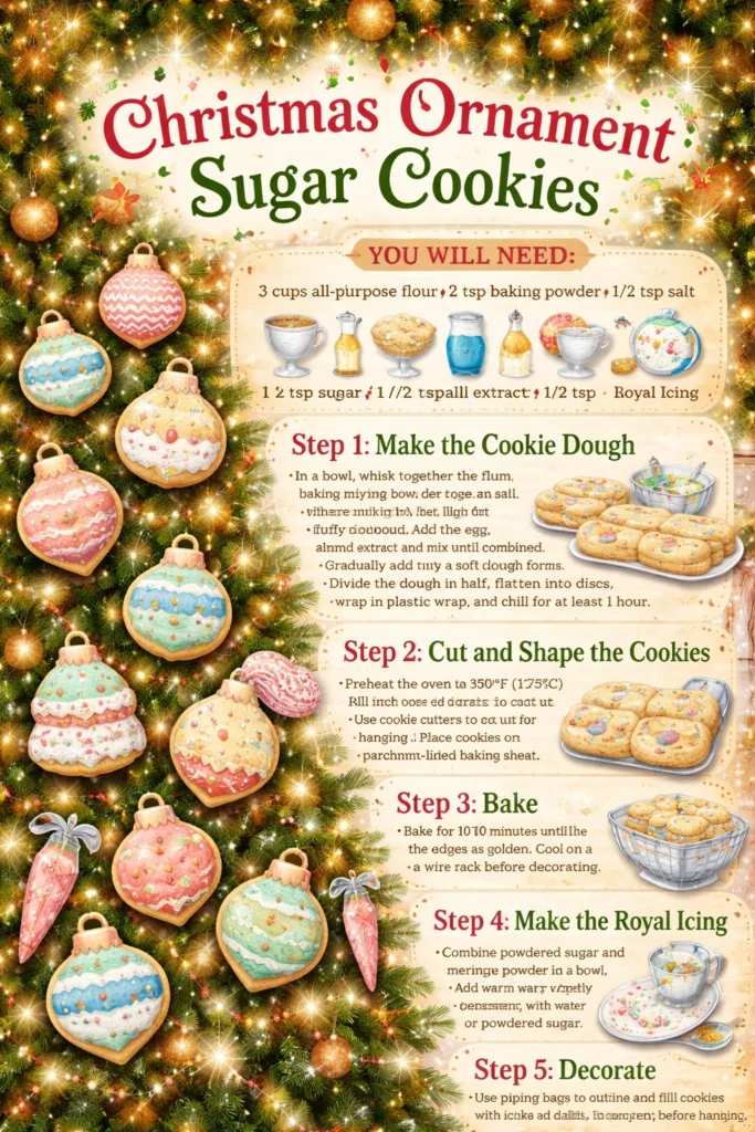 Decorative Christmas ornament sugar cookies in festive shapes and colors.