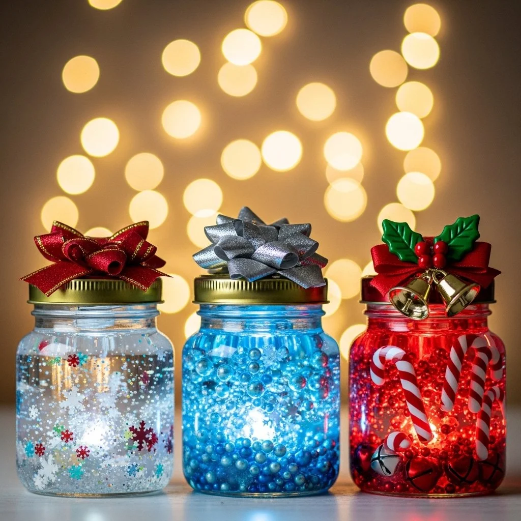 Colorful Christmas sensory jars filled with festive decorations and textures for sensory play.