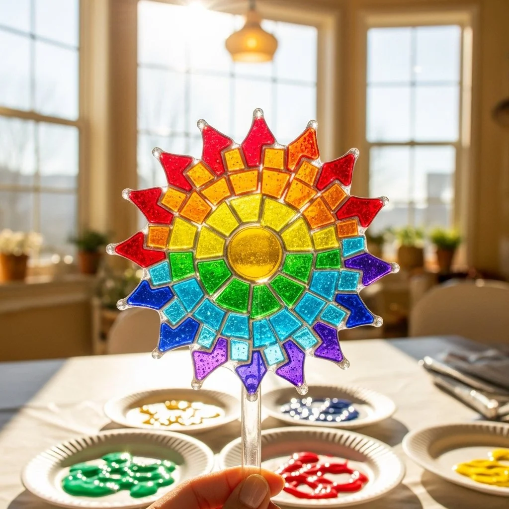 DIY clear glue mosaic suncatcher craft project with colorful designs