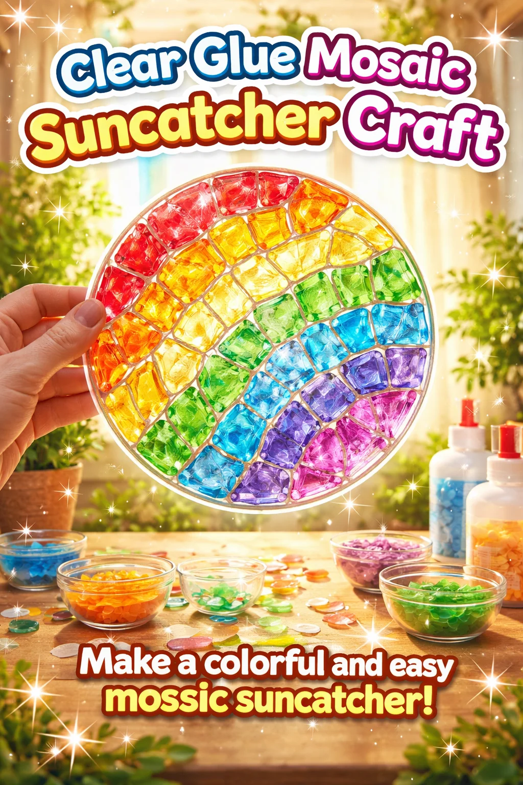 Colorful mosaic suncatcher made with clear glue and various materials.