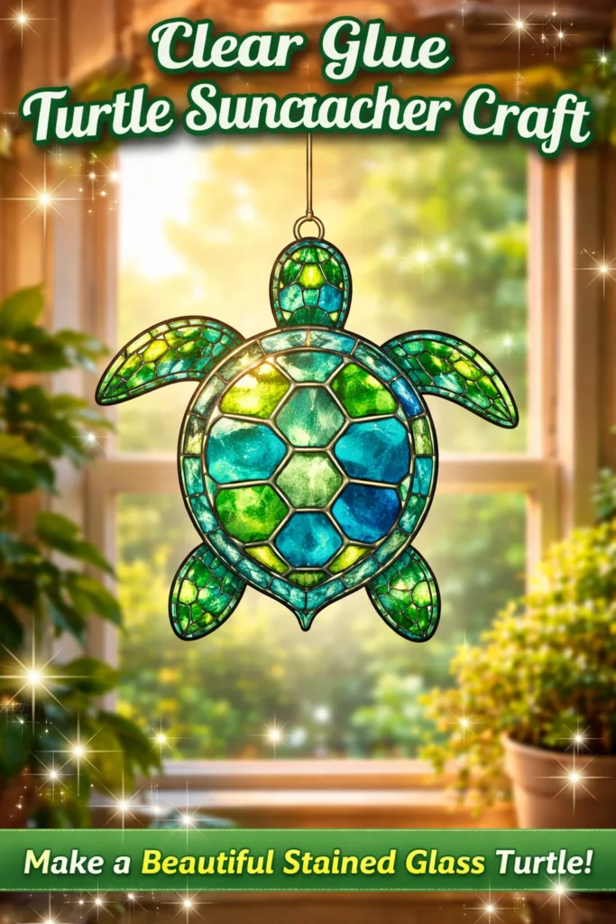 DIY turtle suncatcher craft made with clear glue and colorful materials
