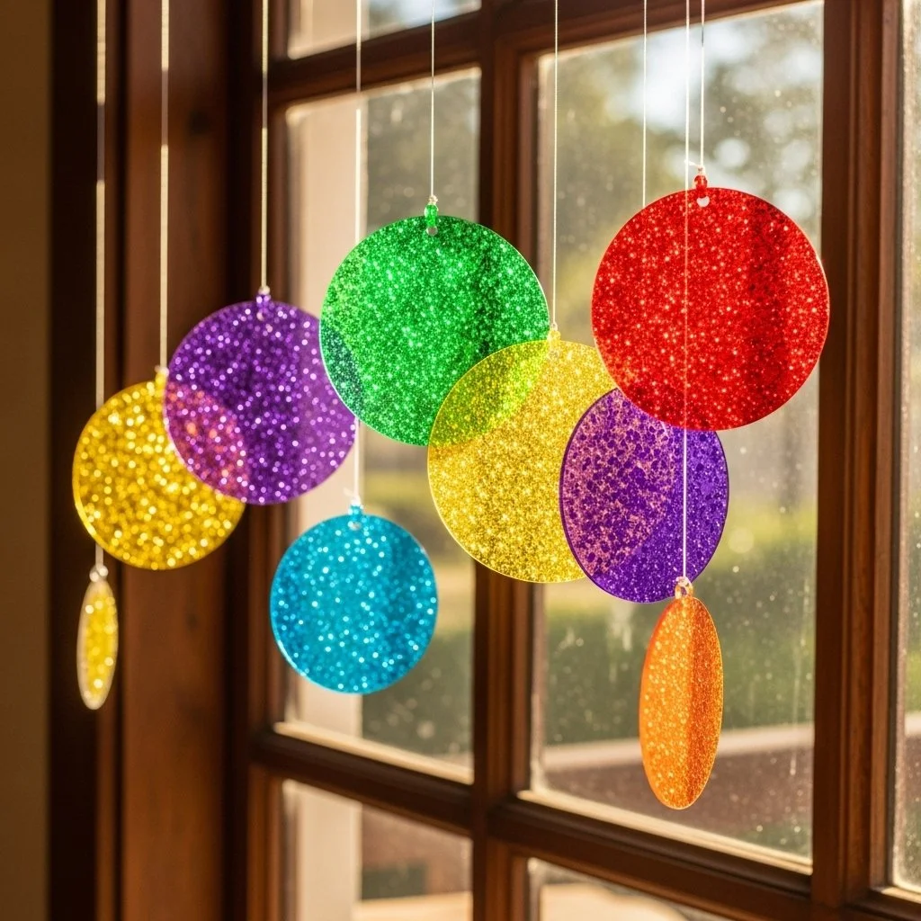 Vibrant bioplastic suncatchers hanging in sunlight, adding color and cheer.