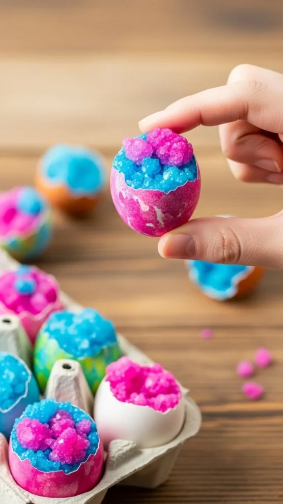 Colorful eggshell geodes showcasing vibrant crystals and unique patterns