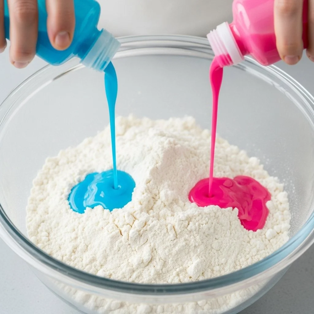 Kids playing with cornstarch and dish soap bubble dough in colorful shapes
