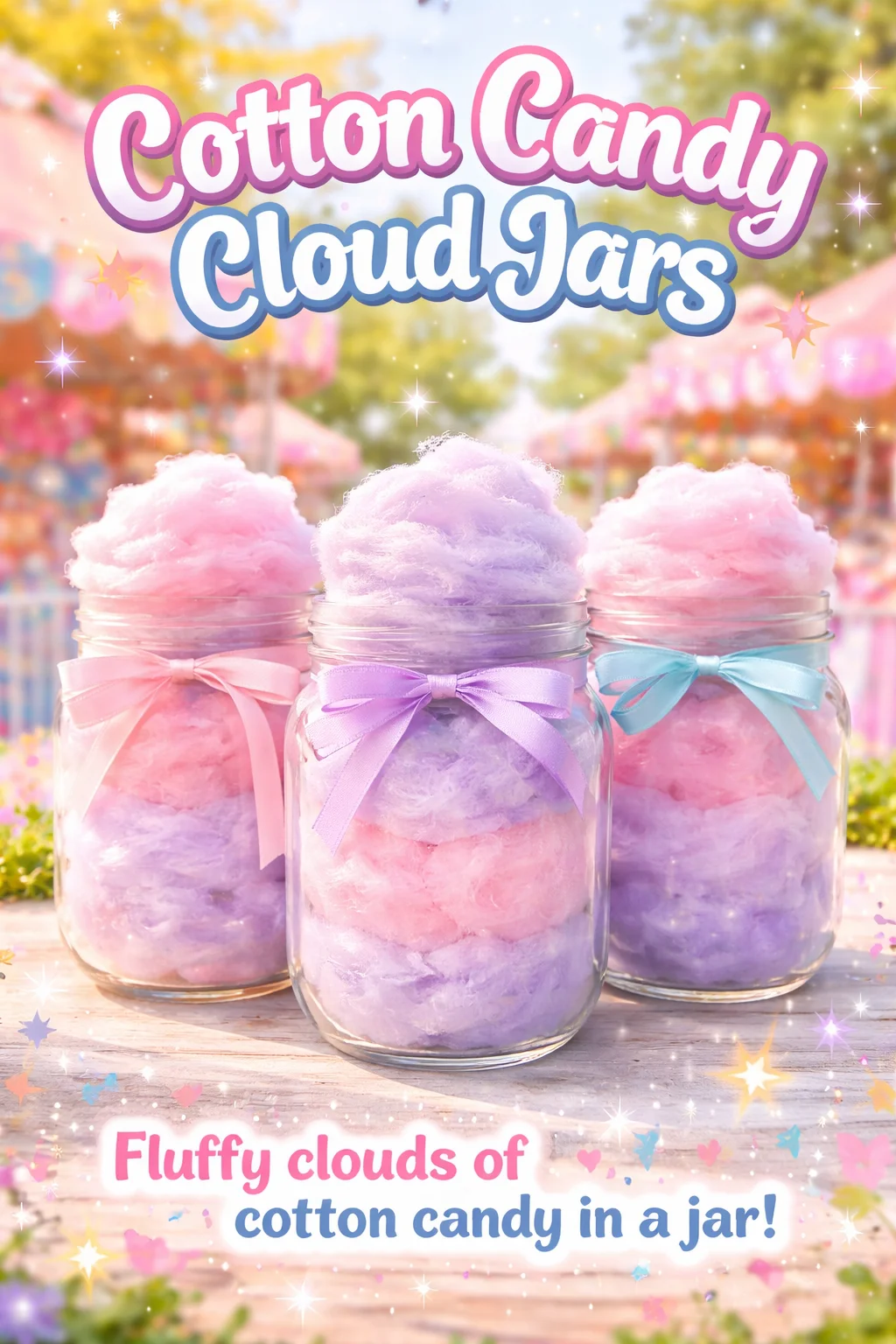 Colorful cotton candy cloud jars filled with fluffy cotton candy treat