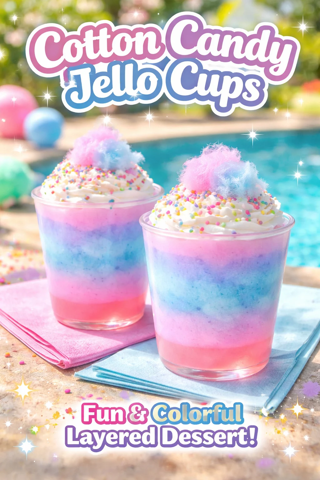 Colorful Cotton Candy Jello Cups served in clear cups