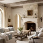 Intimate French Country retreat featuring a limestone fireplace as a focal point.