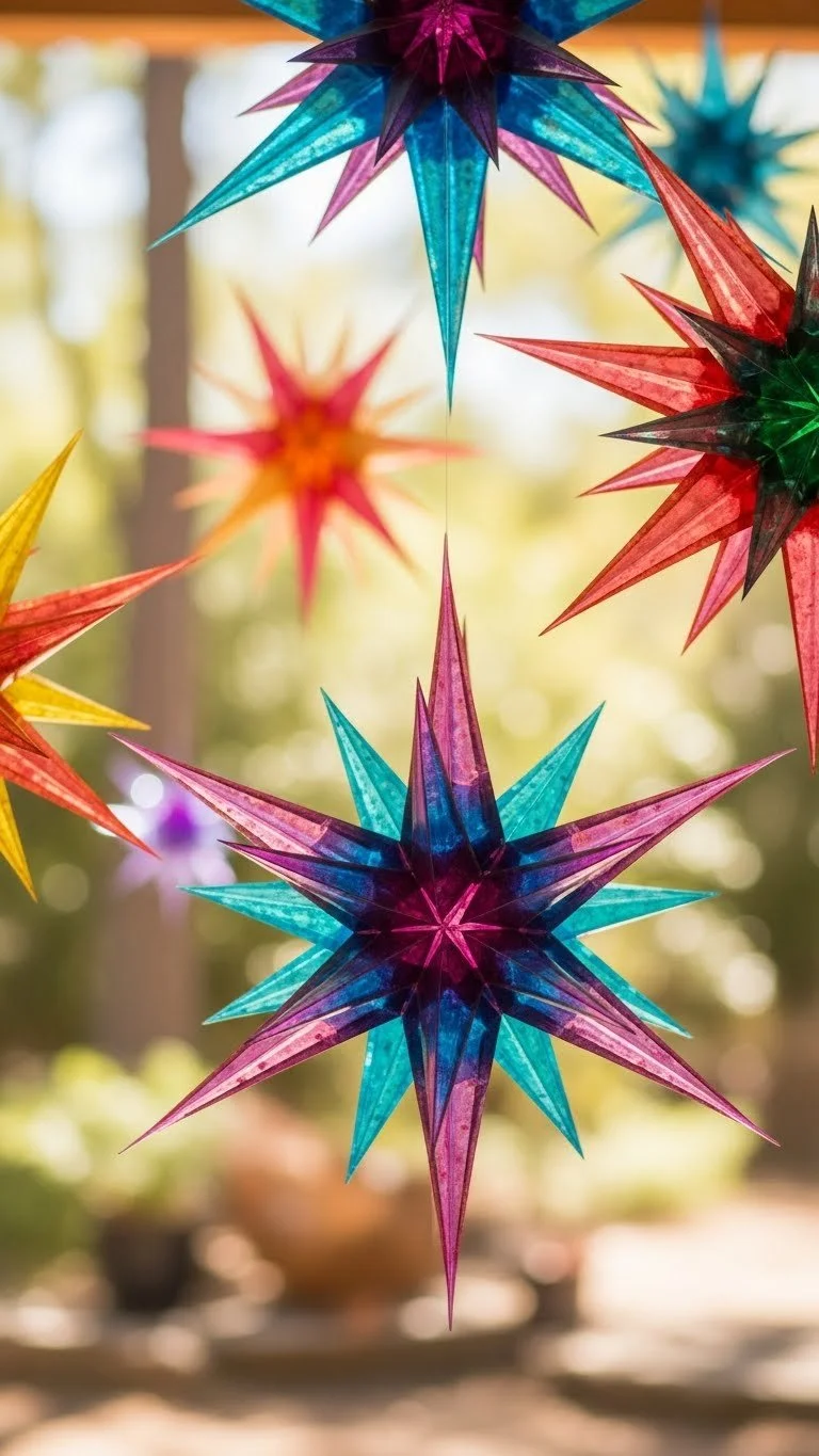 Colorful crayon star sun catchers hanging in the window, creating vibrant light patterns.