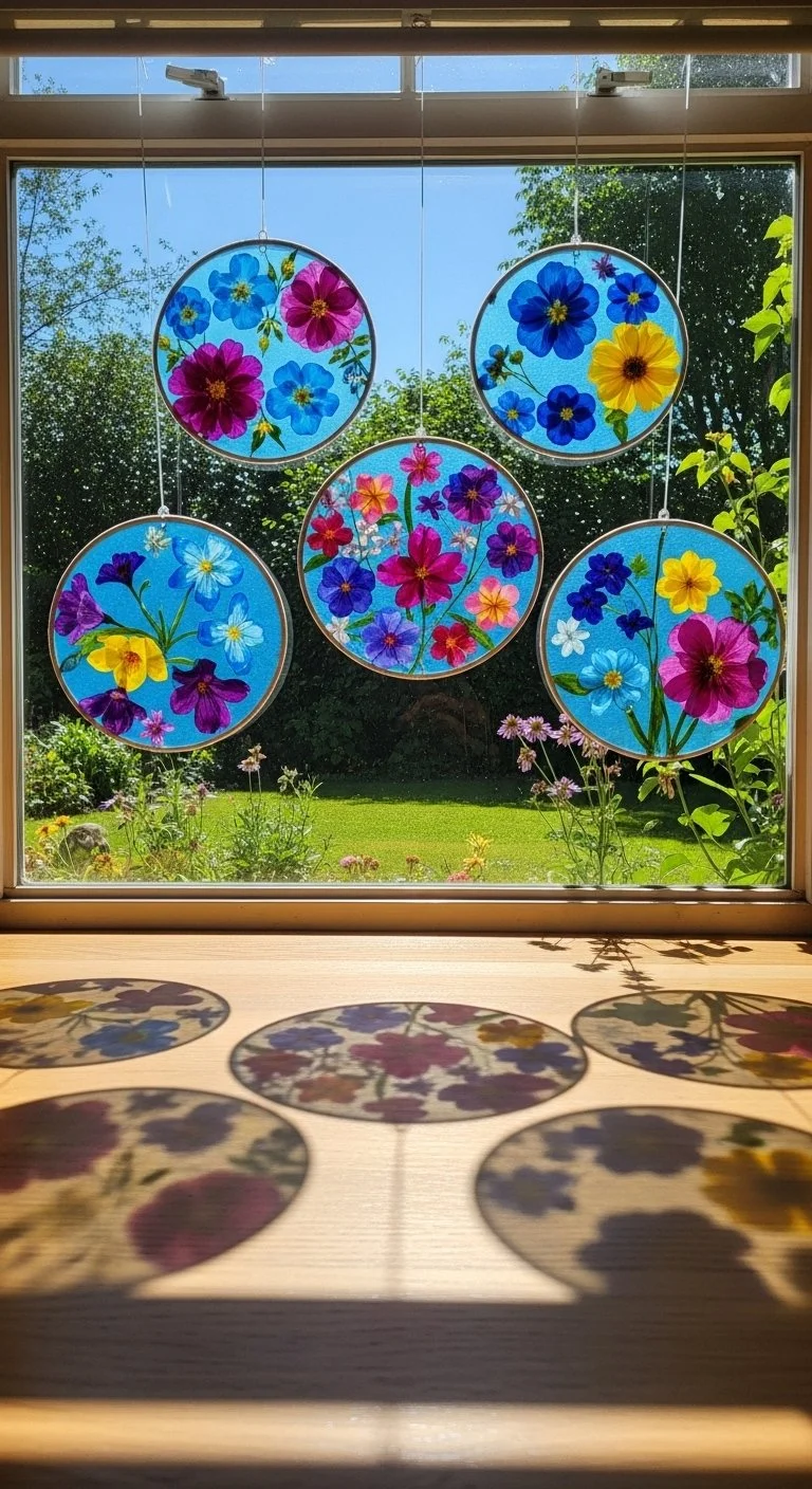 Colorful crayon suncatchers hanging in a sunny window