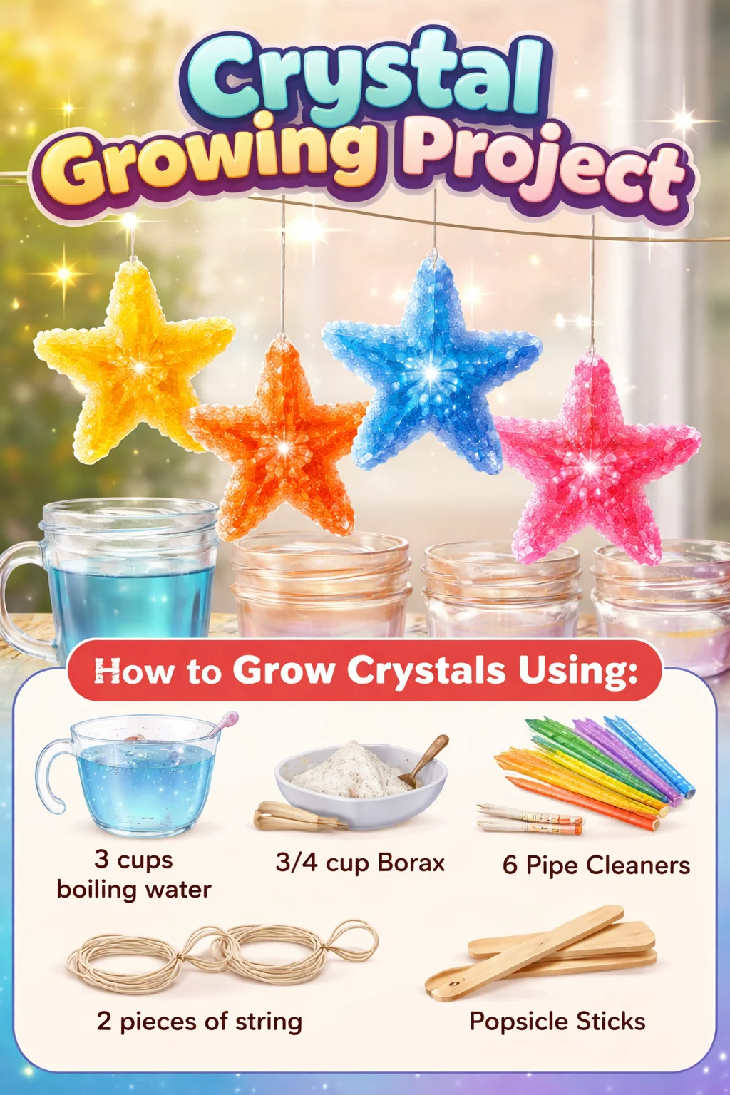 Child and adult engaged in a crystal growing project, showcasing colorful crystals forming.