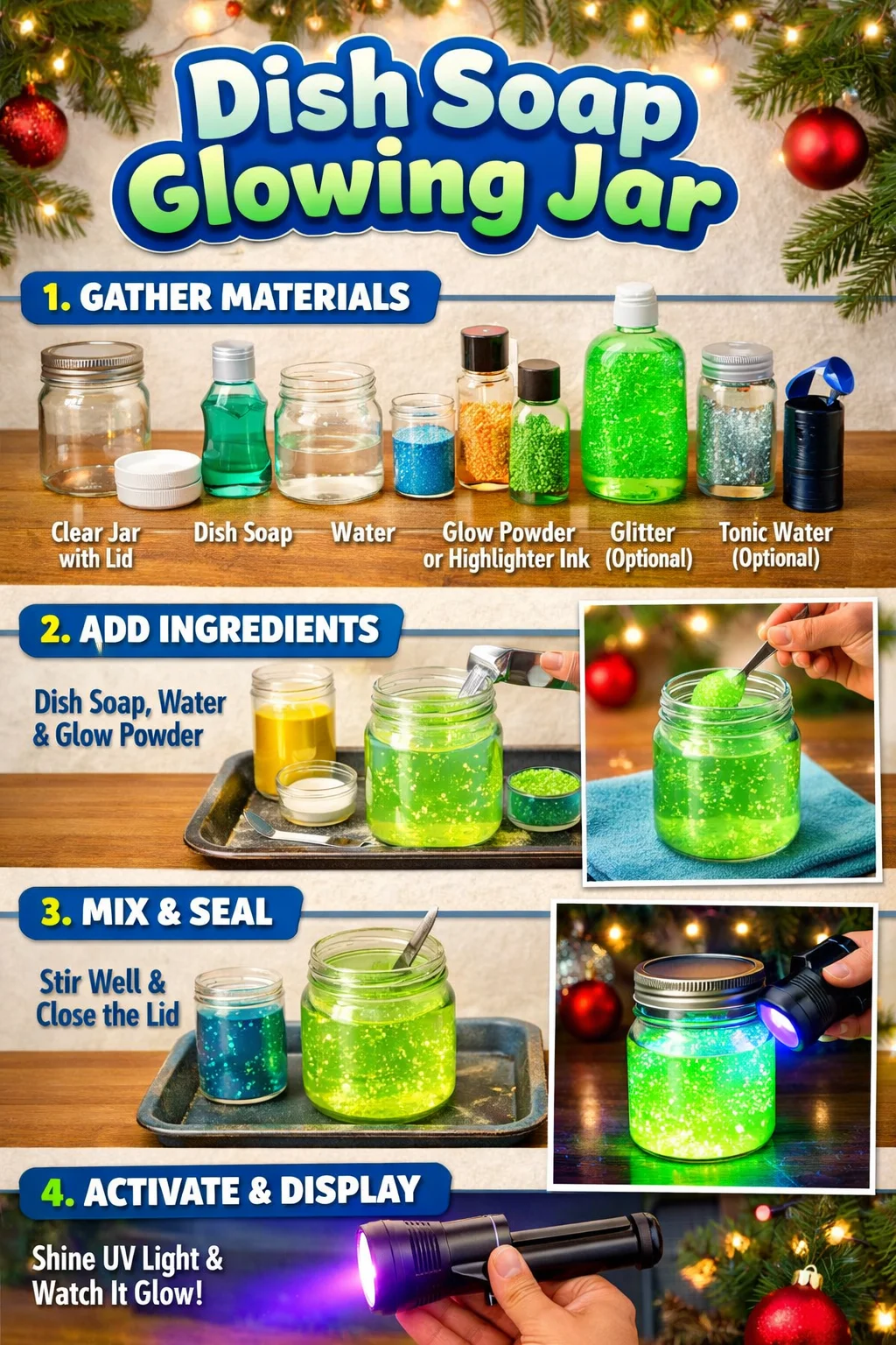 A glowing jar made with dish soap, emitting a soft, luminous light in a dark space.