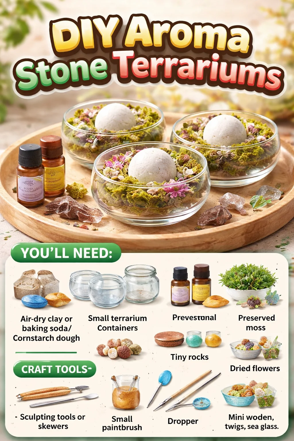 DIY aroma stone terrariums showcasing fragrant plants and decorative stones.