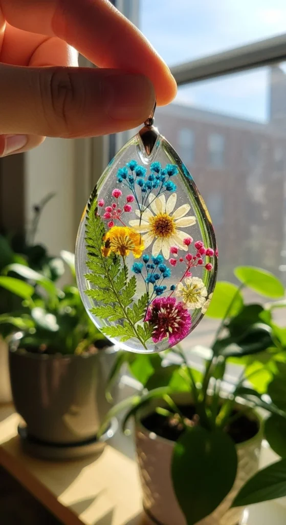 Colorful DIY bioplastic sun catcher reflecting sunlight in a bright room