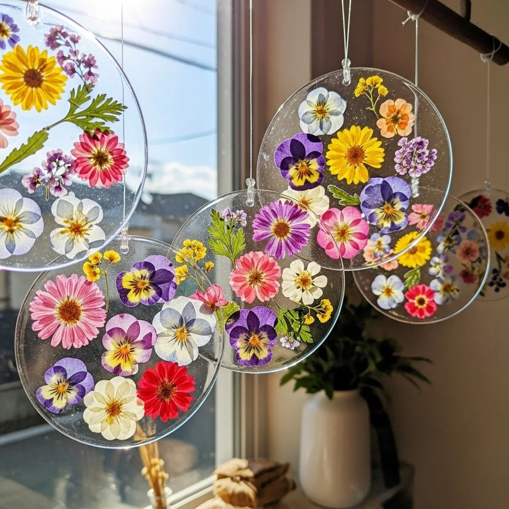 Colorful DIY bioplastic suncatchers hanging in a window
