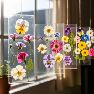 Colorful DIY bioplastic suncatchers catching sunlight indoors.