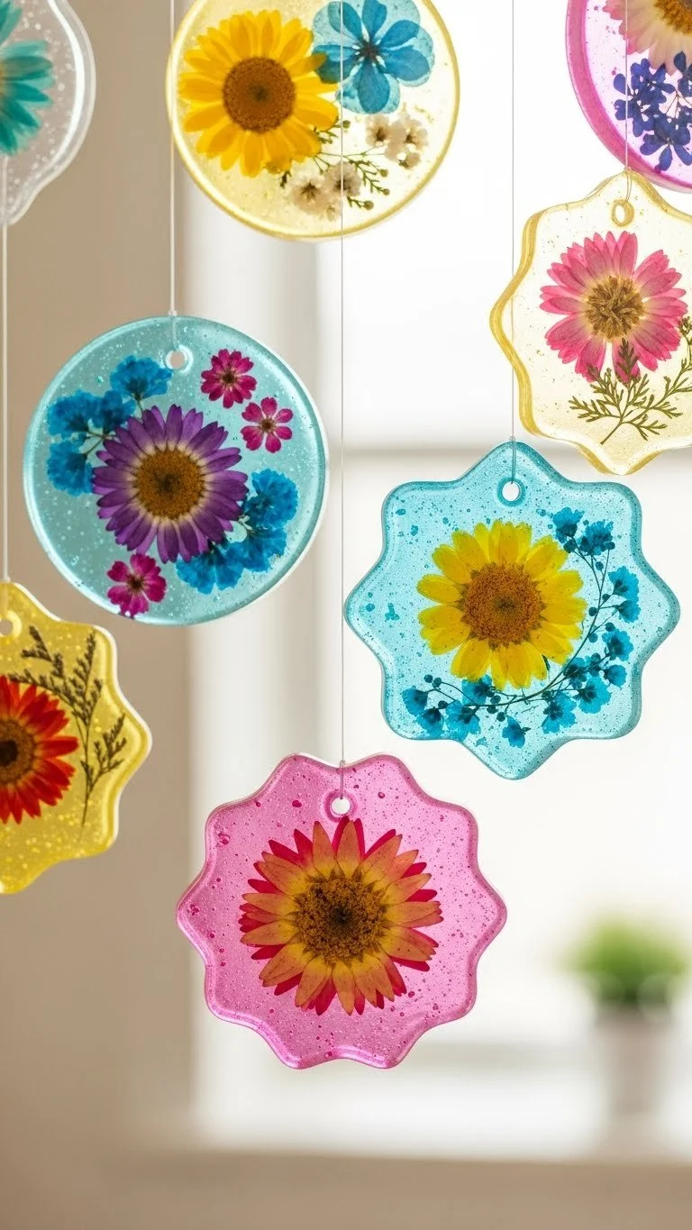 Colorful DIY bioplastic suncatchers hanging in sunlight