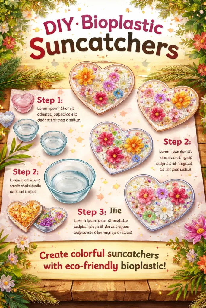 Colorful DIY bioplastic suncatchers illuminating a sunny window