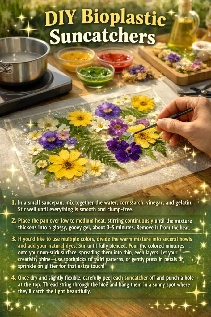 Colorful DIY bioplastic suncatchers hanging in a sunny window.