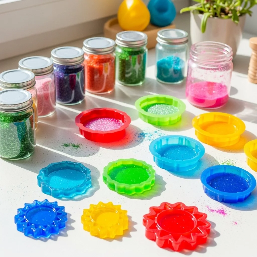 Colorful DIY bioplastic suncatchers hanging in a sunny window