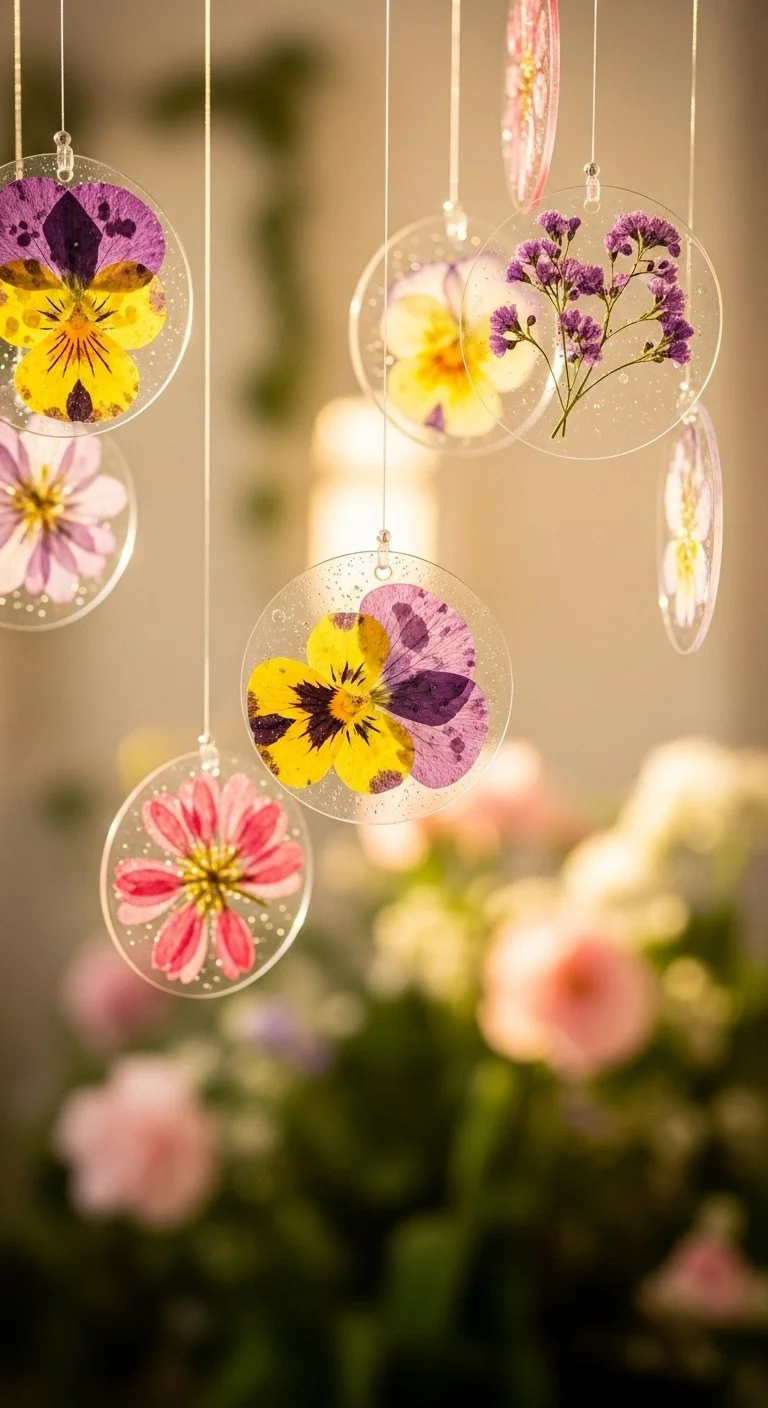 Colorful DIY bioplastic suncatchers hanging in a sunlit window.