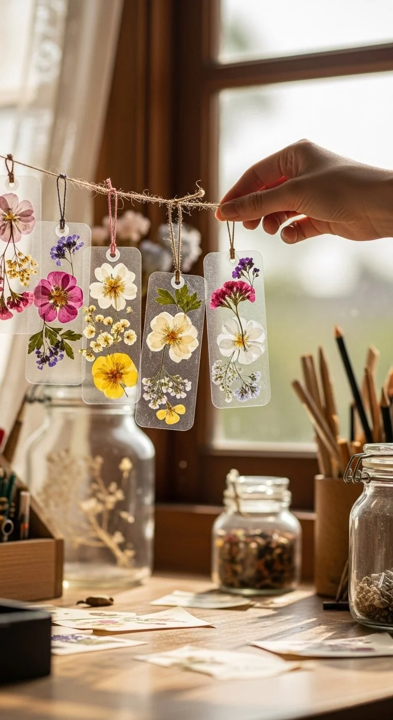 Colorful DIY bioplastic suncatchers hanging in a window
