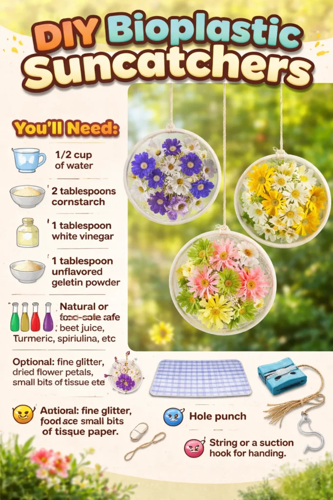 Colorful DIY bioplastic suncatchers hanging in sunlight