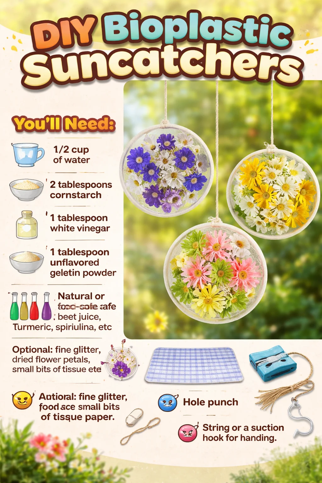 Colorful DIY bioplastic suncatchers hanging in sunlight