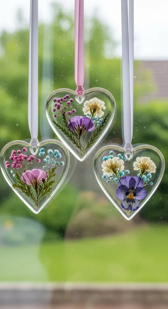Colorful DIY bioplastic suncatchers hanging in sunlight