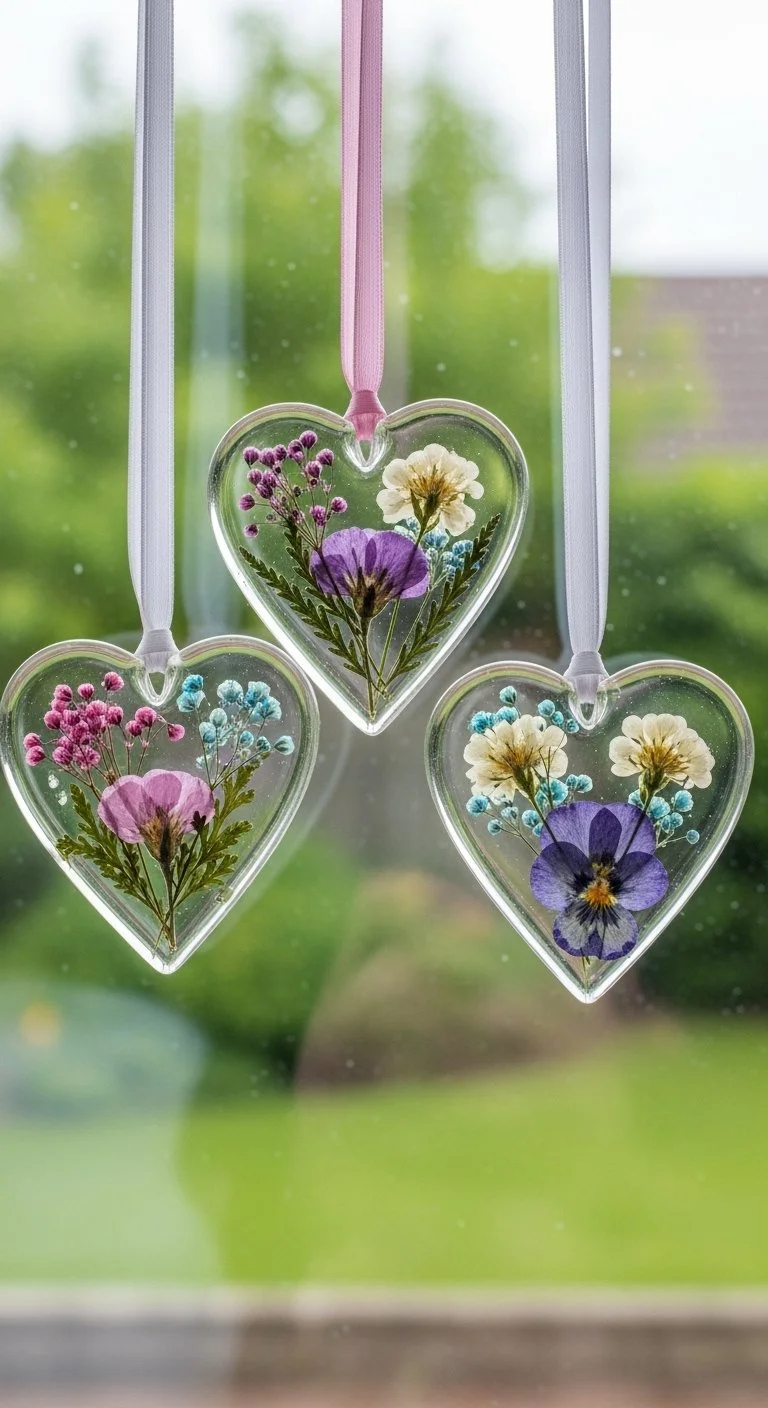 Colorful DIY bioplastic suncatchers hanging in sunlight