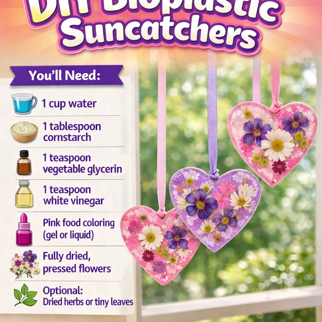 Colorful DIY bioplastic suncatchers hanging in sunlight.