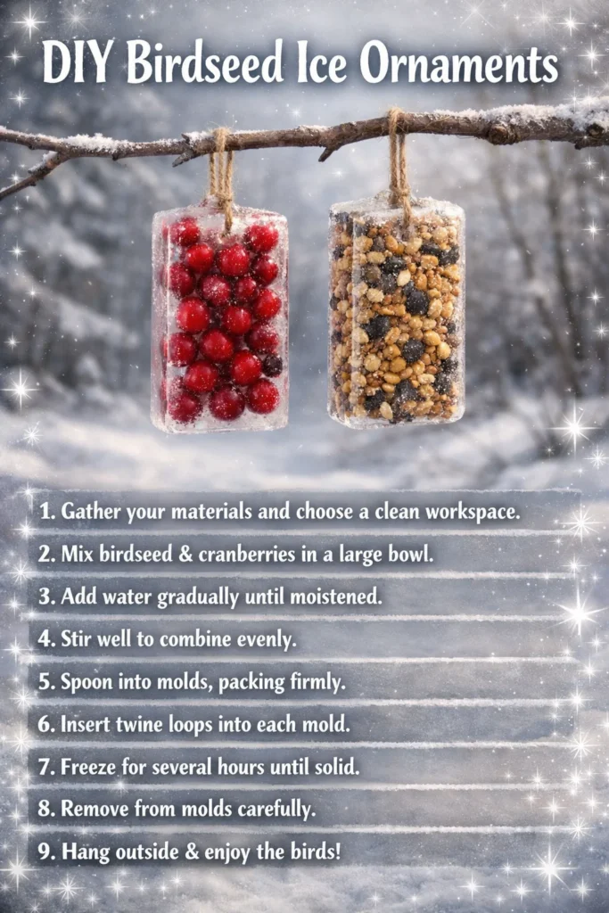 Colorful DIY Birdseed Ice Ornaments hanging in the winter garden