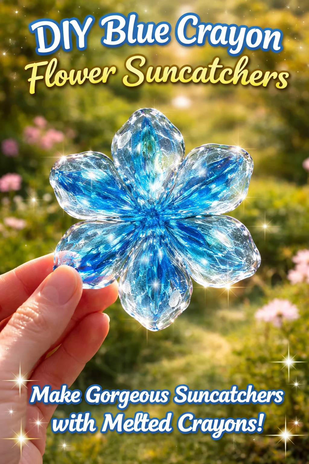 DIY blue crayon flower suncatchers glistening in the sunlight