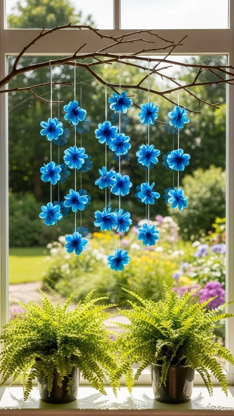 DIY blue crayon suncatchers for colorful window decoration