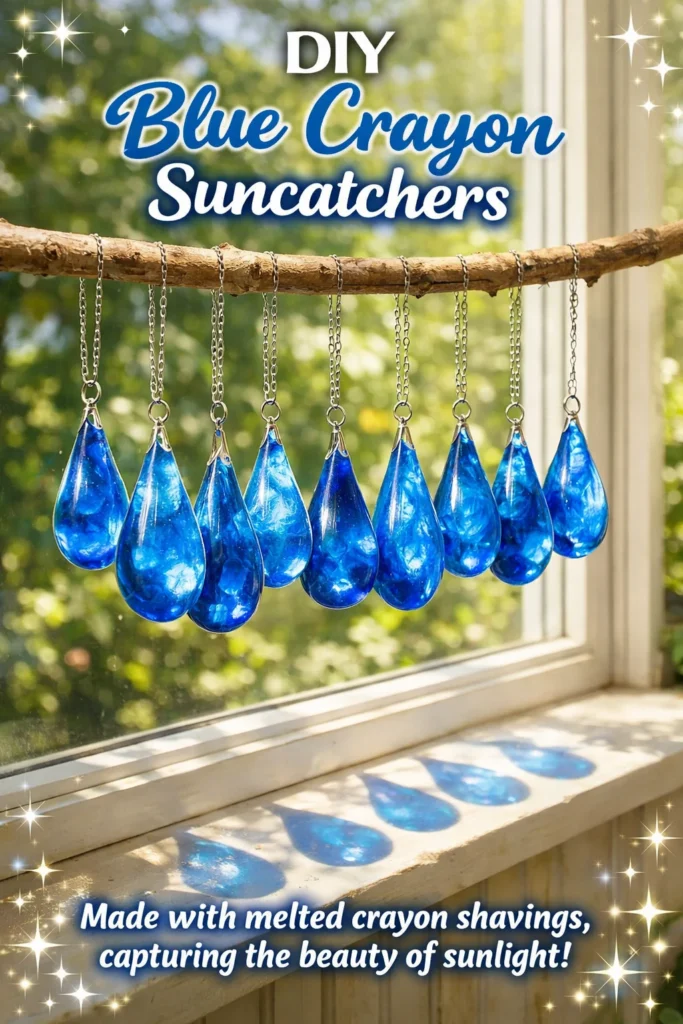 Colorful blue crayon suncatchers hanging in a window