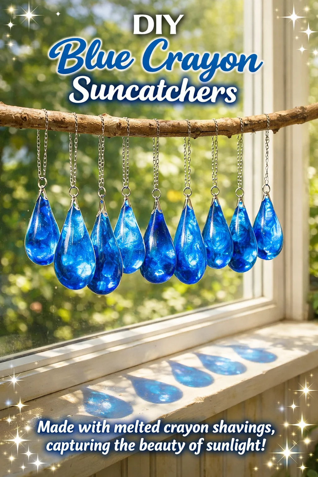Colorful blue crayon suncatchers hanging in a window