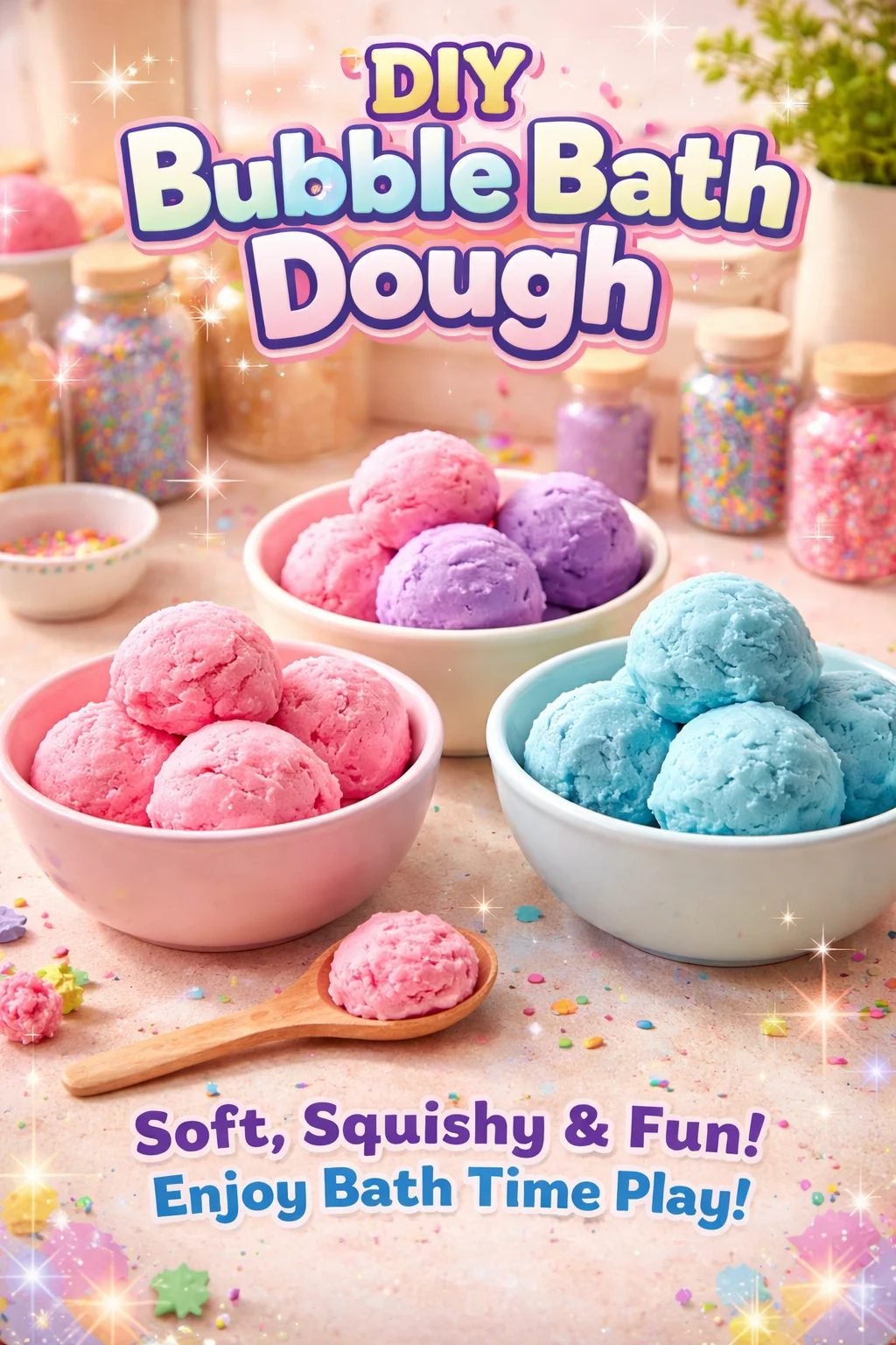 Colorful DIY bubble bath dough in a container, ready for a fun bath time.