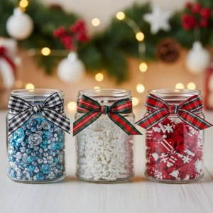 DIY Christmas sensory jars filled with festive decorations and sensory elements