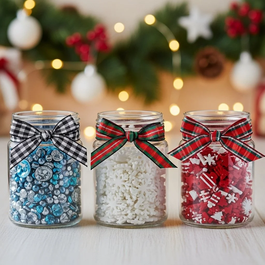 DIY Christmas sensory jars filled with festive decorations and sensory elements