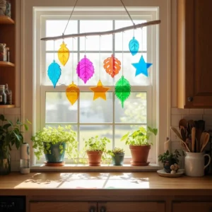 Colorful DIY bioplastic suncatchers hanging in sunlight