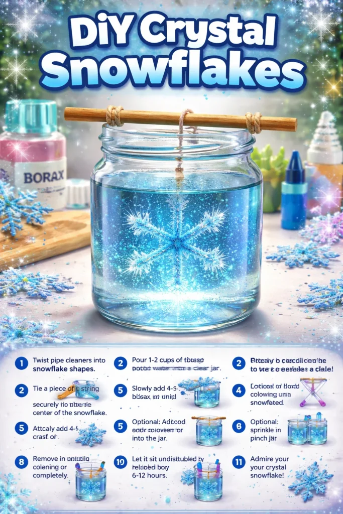 DIY crystal snowflakes made from colorful materials for winter decorations.