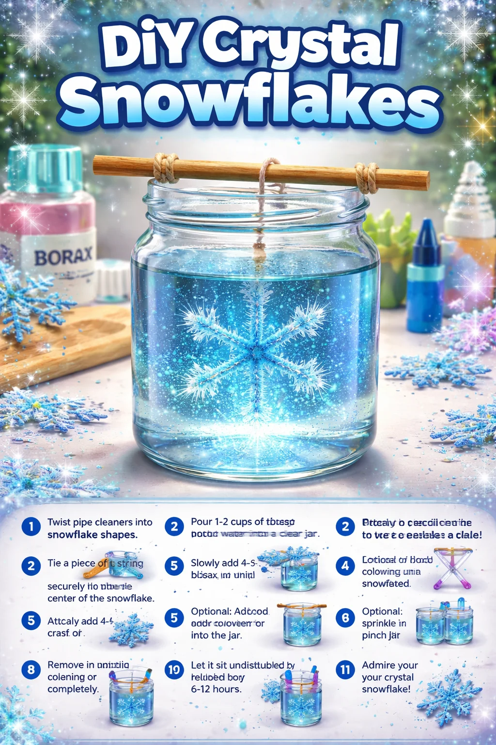 DIY crystal snowflakes made from colorful materials for winter decorations.