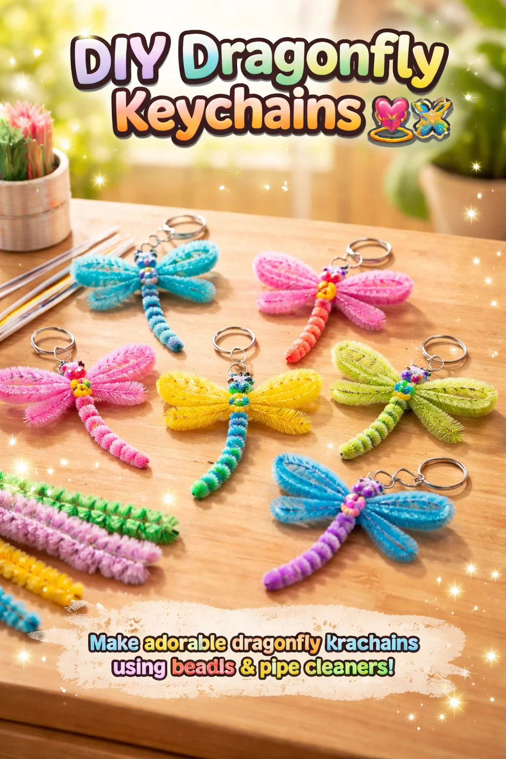 Colorful DIY dragonfly keychains made with thread and decorative elements.