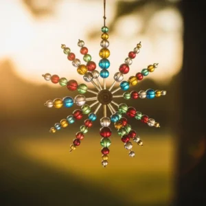 Colorful DIY Firework Suncatcher craft displaying vibrant designs and light effects.