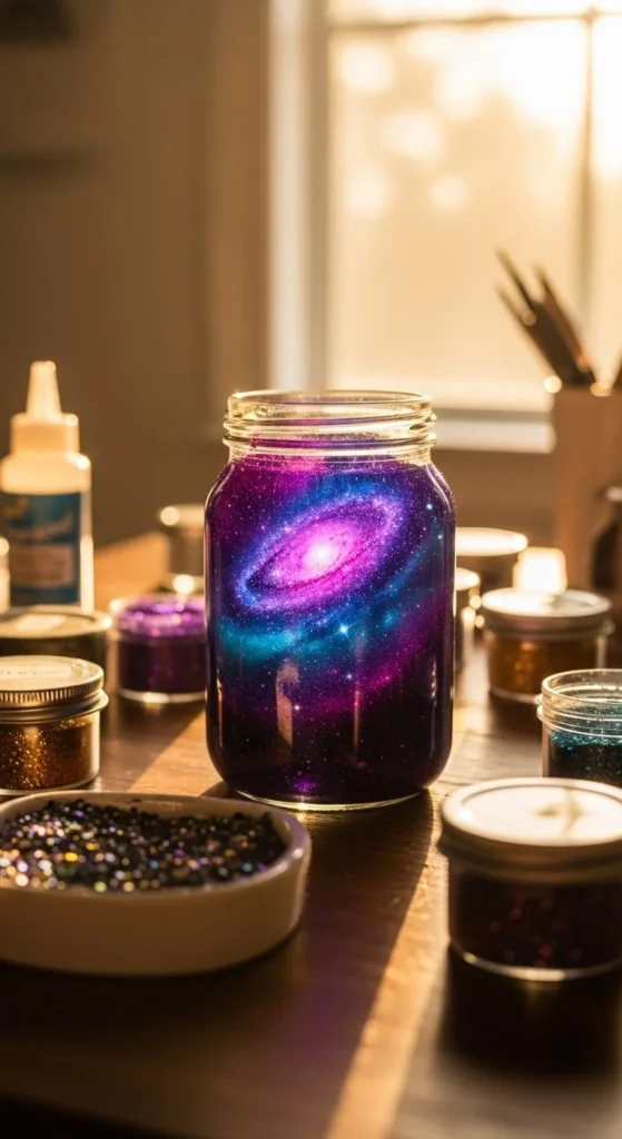 DIY Galaxy Jar glowing with colorful stars and cosmic designs