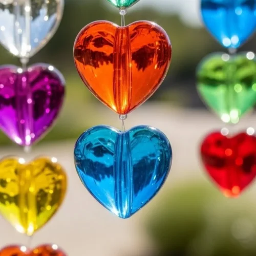 Colorful DIY glass bead suncatchers hanging in sunlight, creating beautiful reflections.