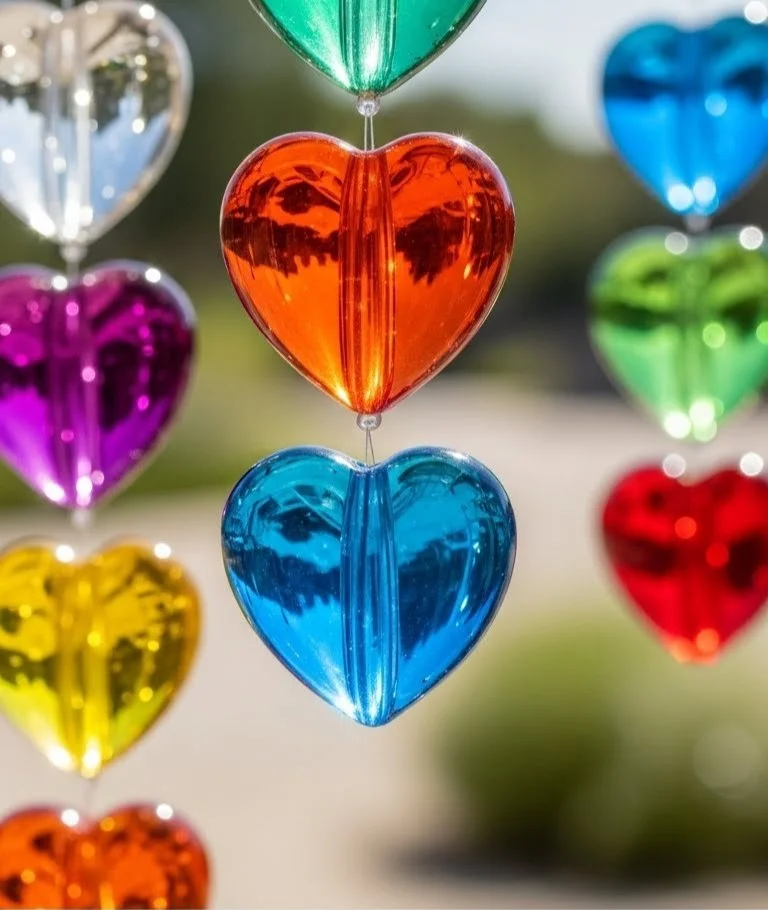 Colorful DIY glass bead suncatchers hanging in sunlight, creating beautiful reflections.