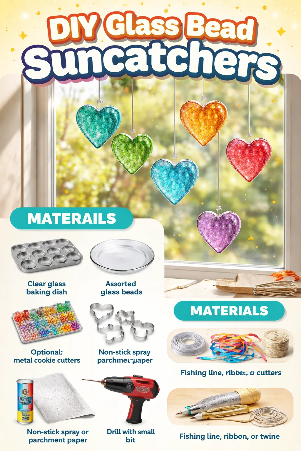 Colorful DIY glass bead suncatchers hanging in a sunny window