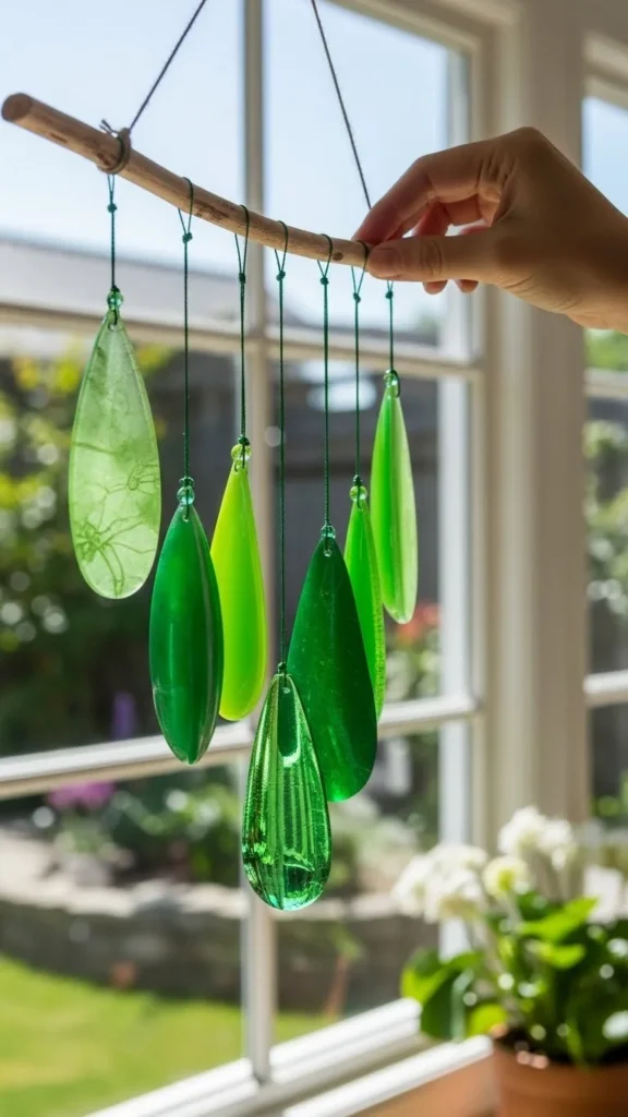 DIY green crayon raindrop suncatchers hanging in a window